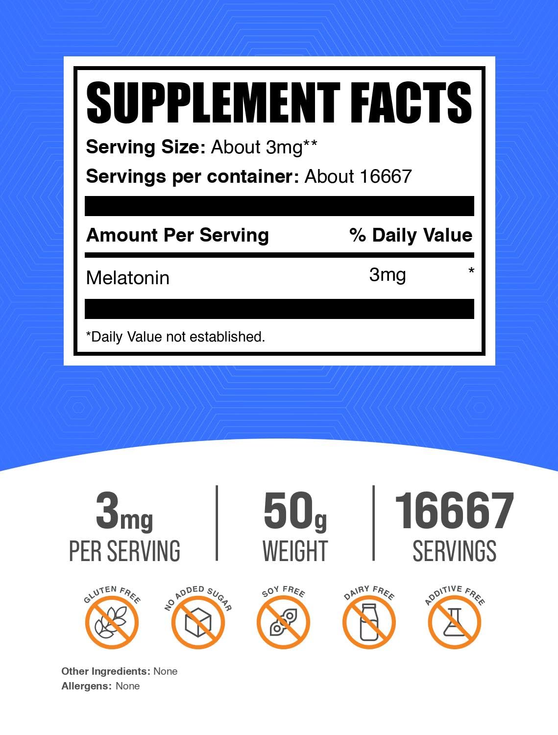 BulkSupplements Poudre de Mélatonine 50g avec cuillère dosage