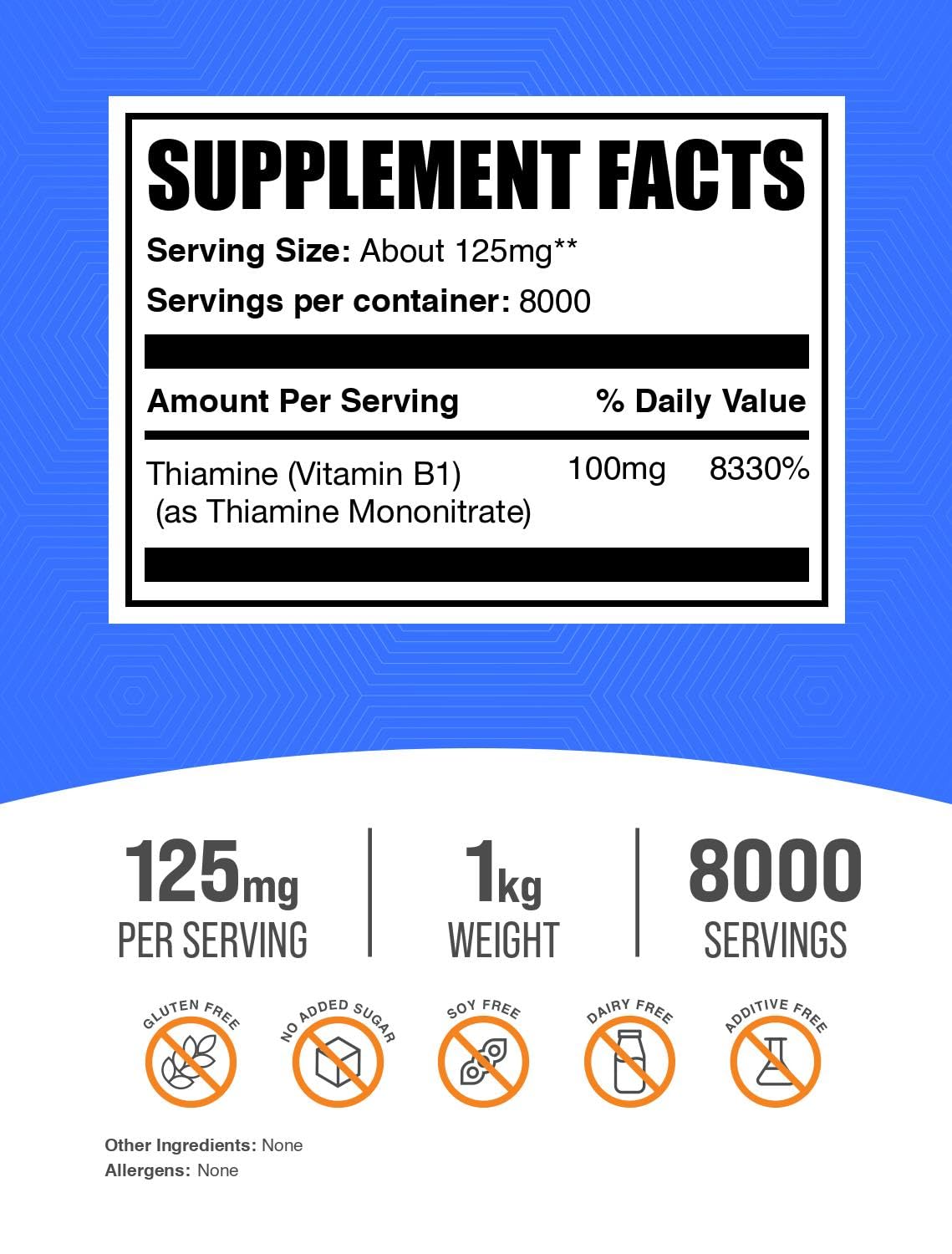 BulkSupplements Poudre de Mononitrate de Thiamine 125mg 1kg emballage