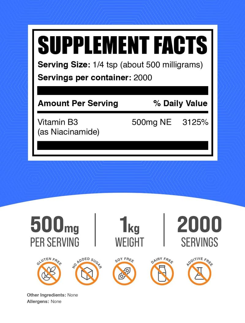 BulkSupplements Poudre de Niacinamide 500mg 1kg emballage