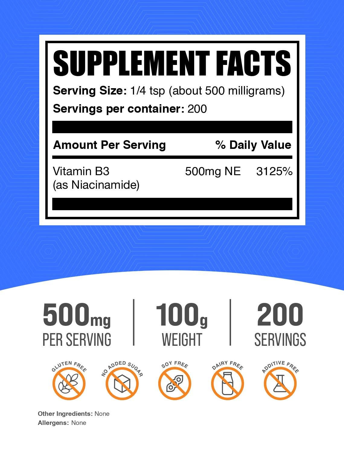 BulkSupplements poudre de Niacinamide 500mg emballage