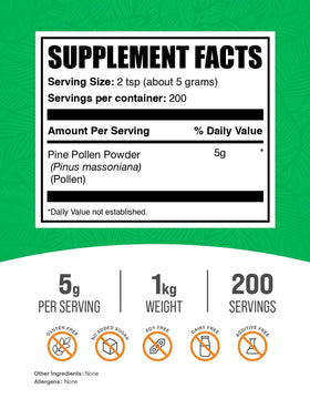 BulkSupplements Poudre de Pollen de Pin 1kg côté avec informations nutritionnelles