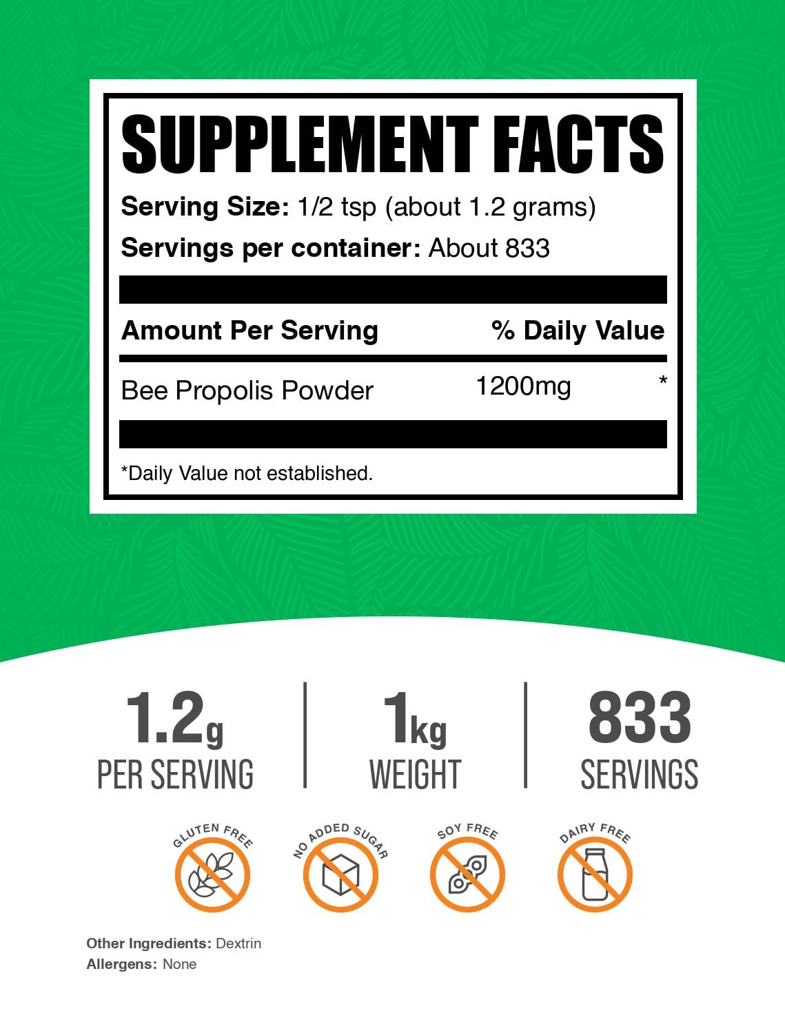 BulkSupplements Poudre de Propolis d'Abeille 1 kg - vue arrière de l'emballage
