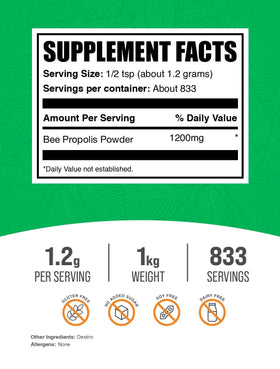 BulkSupplements Poudre de Propolis d'Abeille 1 kg - vue arrière de l'emballage
