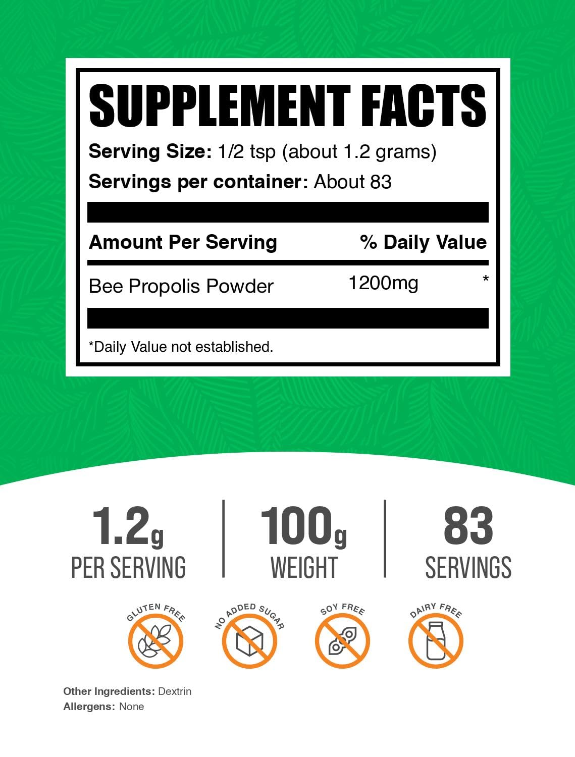 BulkSupplements Poudre de Propolis d'Abeille 120g emballage