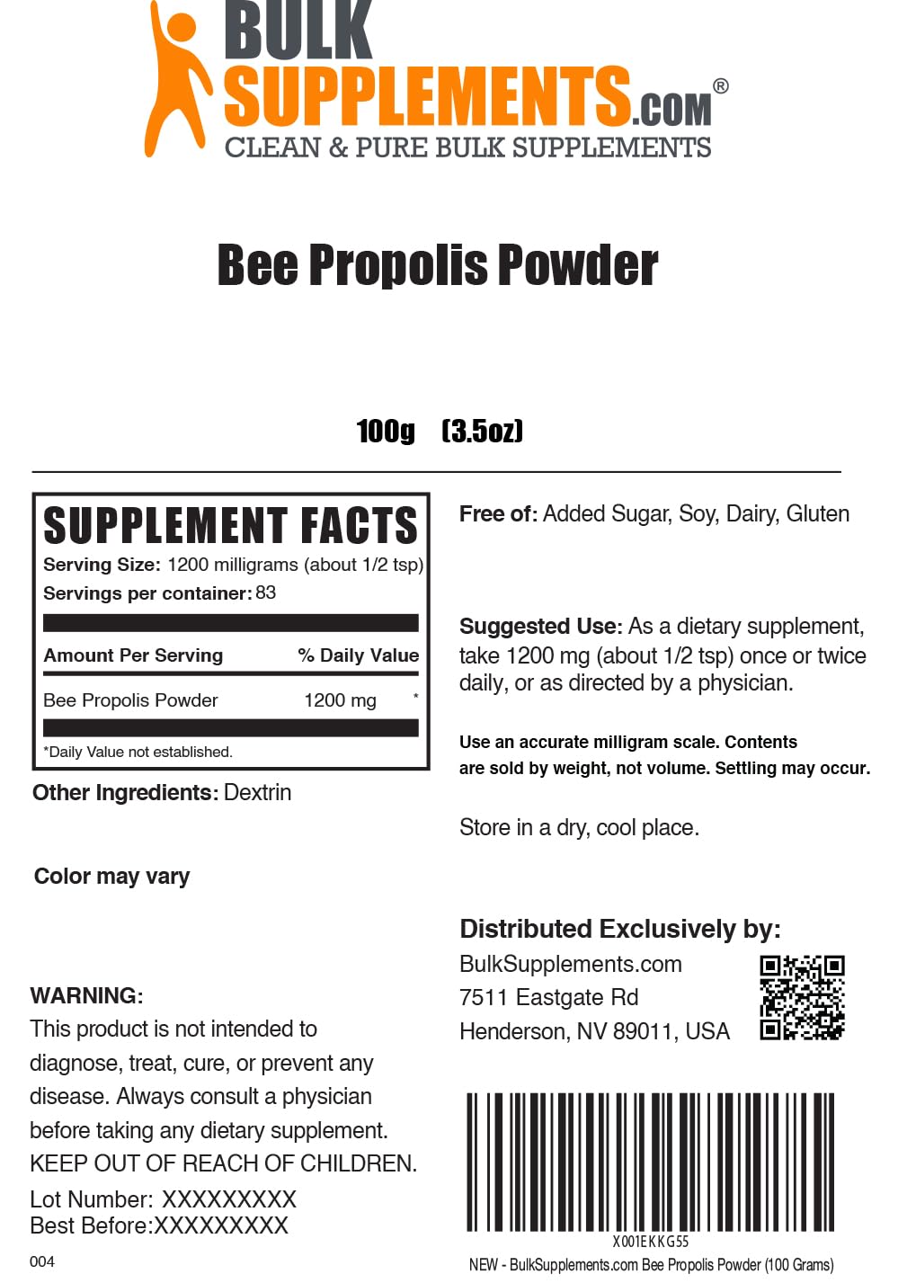 BulkSupplements Poudre de Propolis d'Abeille 120g sur une table