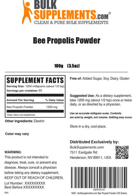 BulkSupplements Poudre de Propolis d'Abeille 120g sur une table