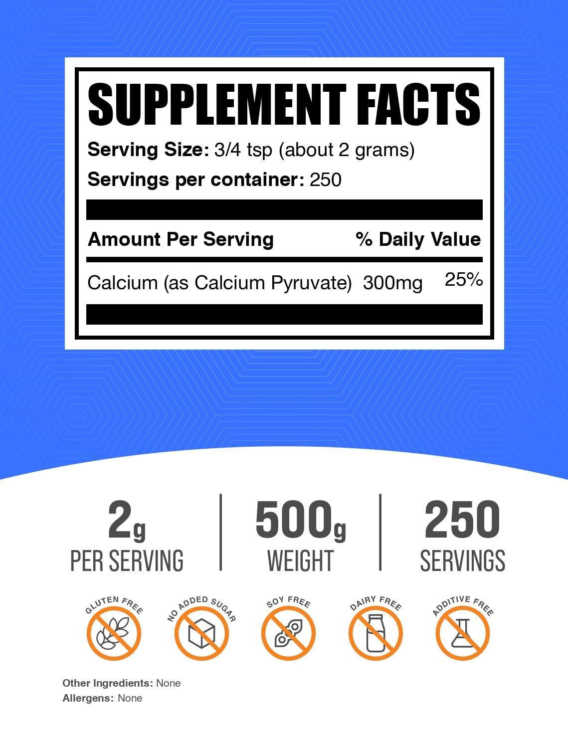 BulkSupplements Poudre de Pyruvate de Calcium 500g avec cuillère