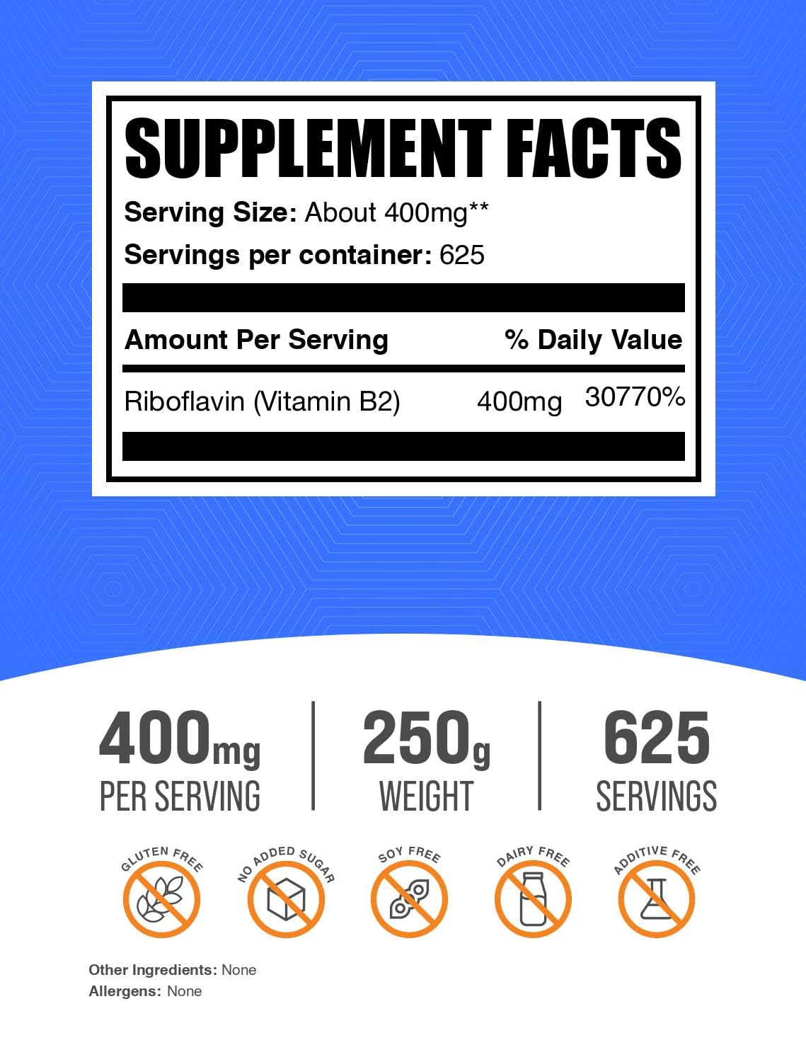 BulkSupplements Poudre de Riboflavine 400mg 250g emballage