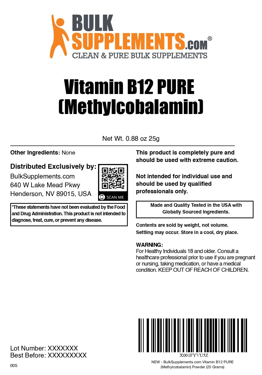 BulkSupplements Poudre de Vitamine B12 Methylcobalamine 25g - vue arrière
