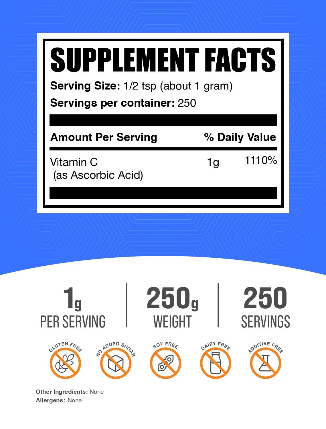 BulkSupplements Poudre de Vitamine C 250g emballage