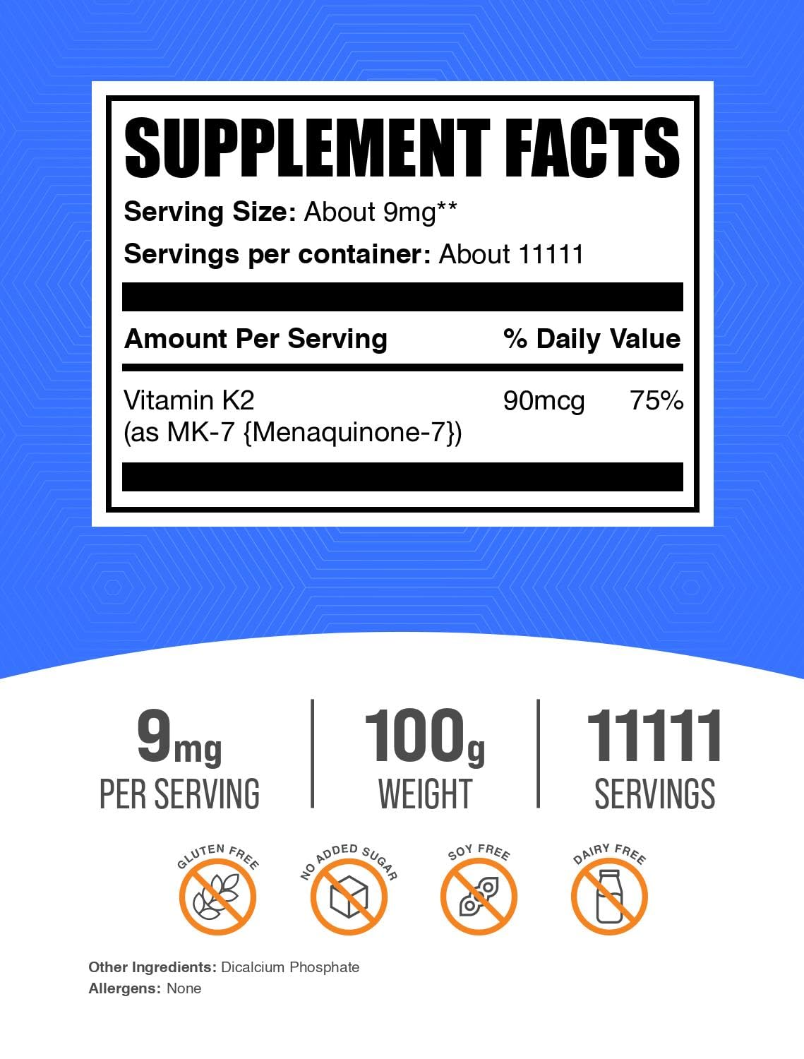 BulkSupplements Poudre de Vitamine K2 MK7 étiquette et dosage