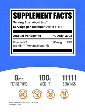 BulkSupplements Poudre de Vitamine K2 MK7 étiquette et dosage
