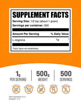 BulkSupplements Poudre L-Arginine 500g dos de l'emballage