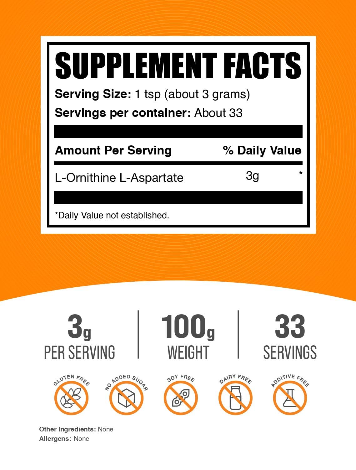 BulkSupplements poudre L-Ornithine L-Aspartate 100g emballage