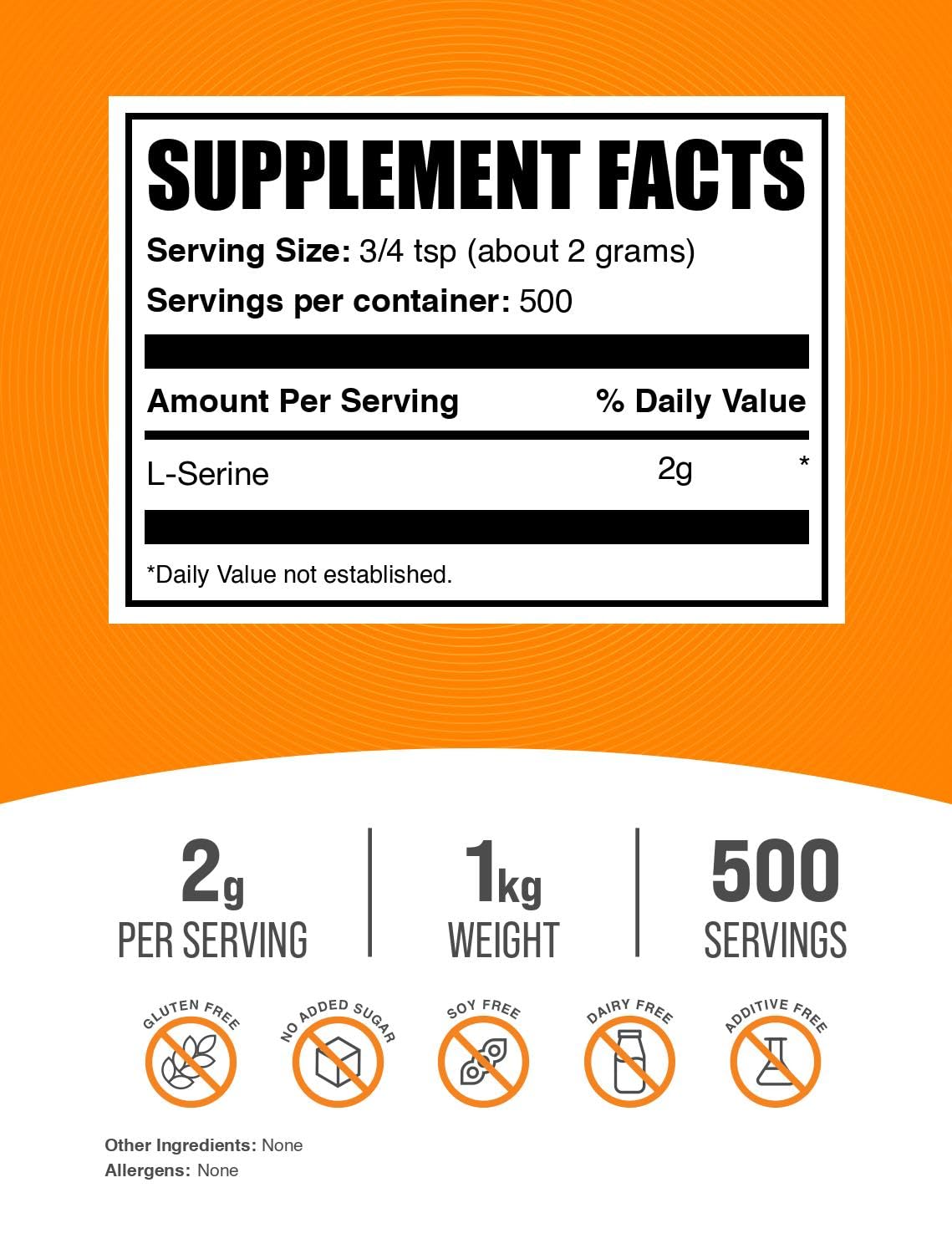 BulkSupplements Poudre L-Serine 1kg, vue arrière de l'emballage