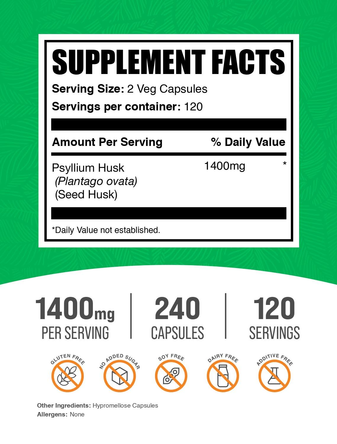 BulkSupplements Psyllium Husk Capsules side view with dosage information