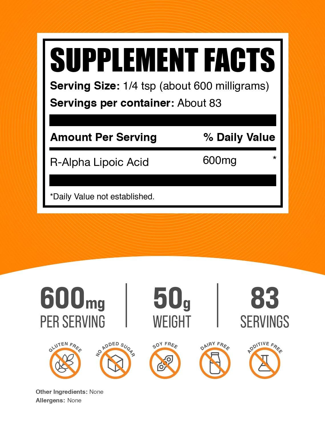 BulkSupplements R-Alpha Lipoic Acid Powder 600mg nutritional information