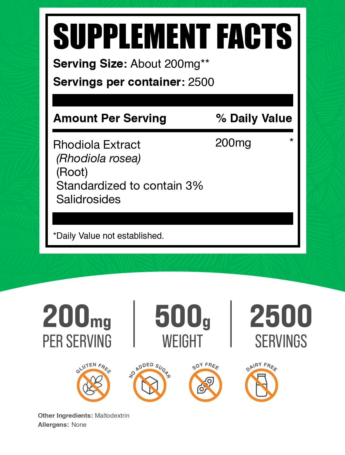 BulkSupplements Rhodiola Extract Powder 500g back view with nutritional information