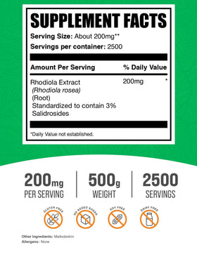 BulkSupplements Rhodiola Extract Powder 500g back view with nutritional information