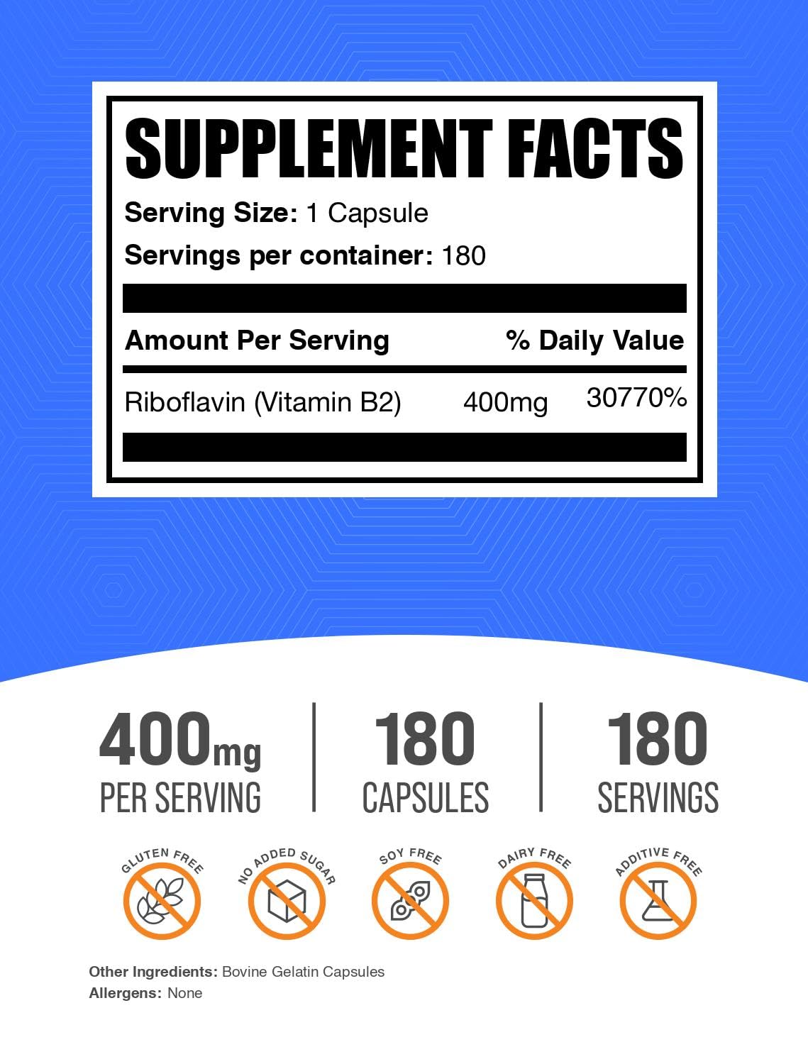 BulkSupplements Riboflavine 400 mg Capsules, étiquette détaillée