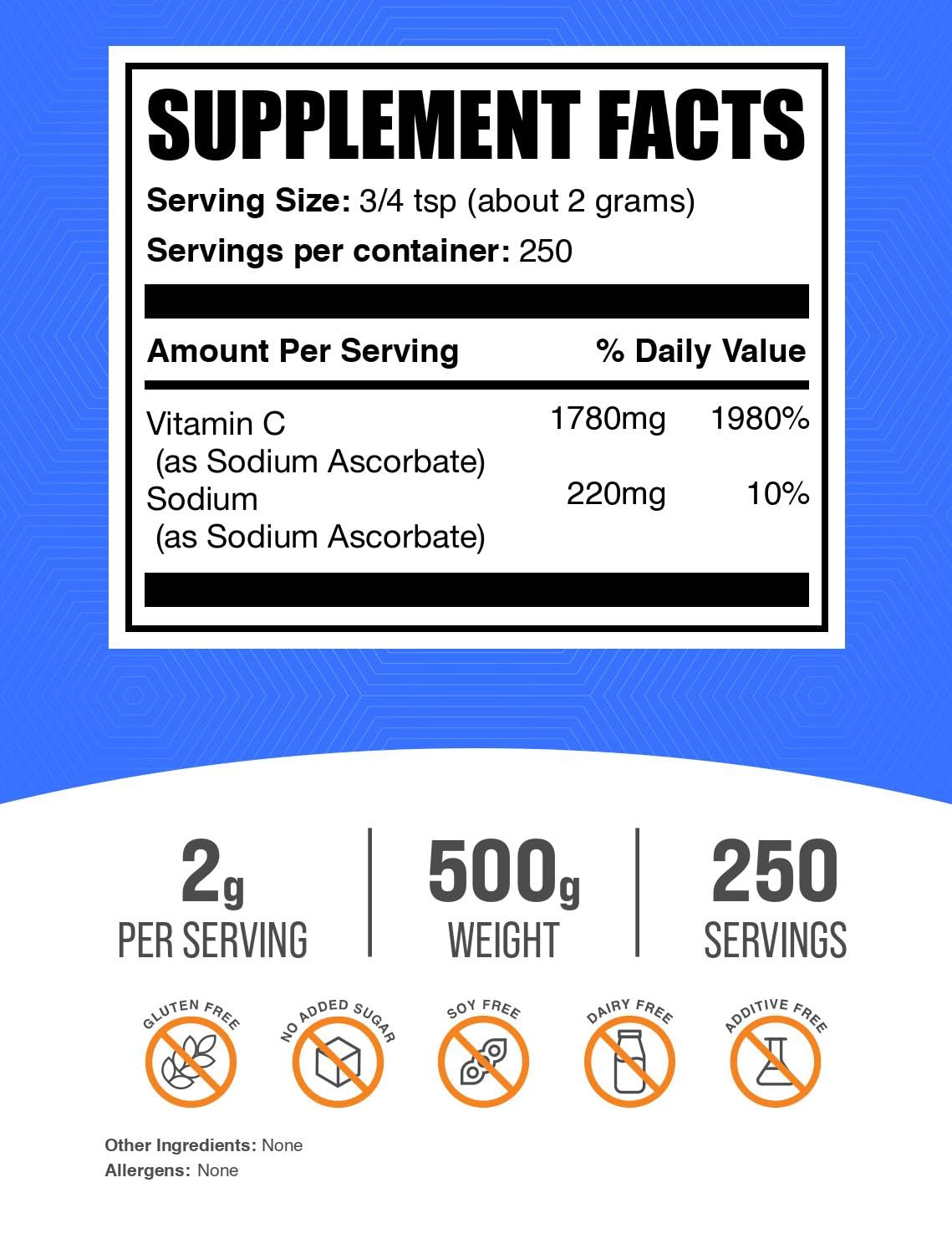 BulkSupplements Sodium Ascorbate Poudre 500g emballage