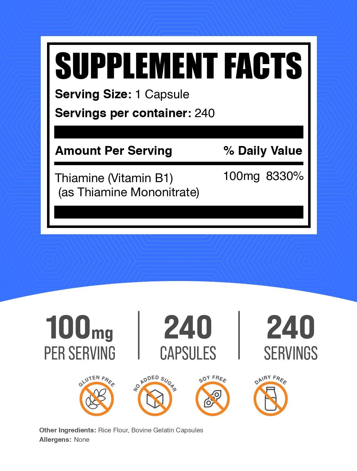 BulkSupplements Thiamine Mononitrate 100mg capsules, vue arrière avec étiquetage