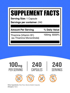 BulkSupplements Thiamine Mononitrate 100mg capsules, vue arrière avec étiquetage