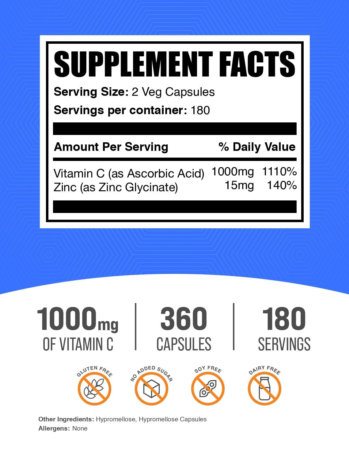 BulkSupplements Vitamine C Zinc 360 capsules packaging
