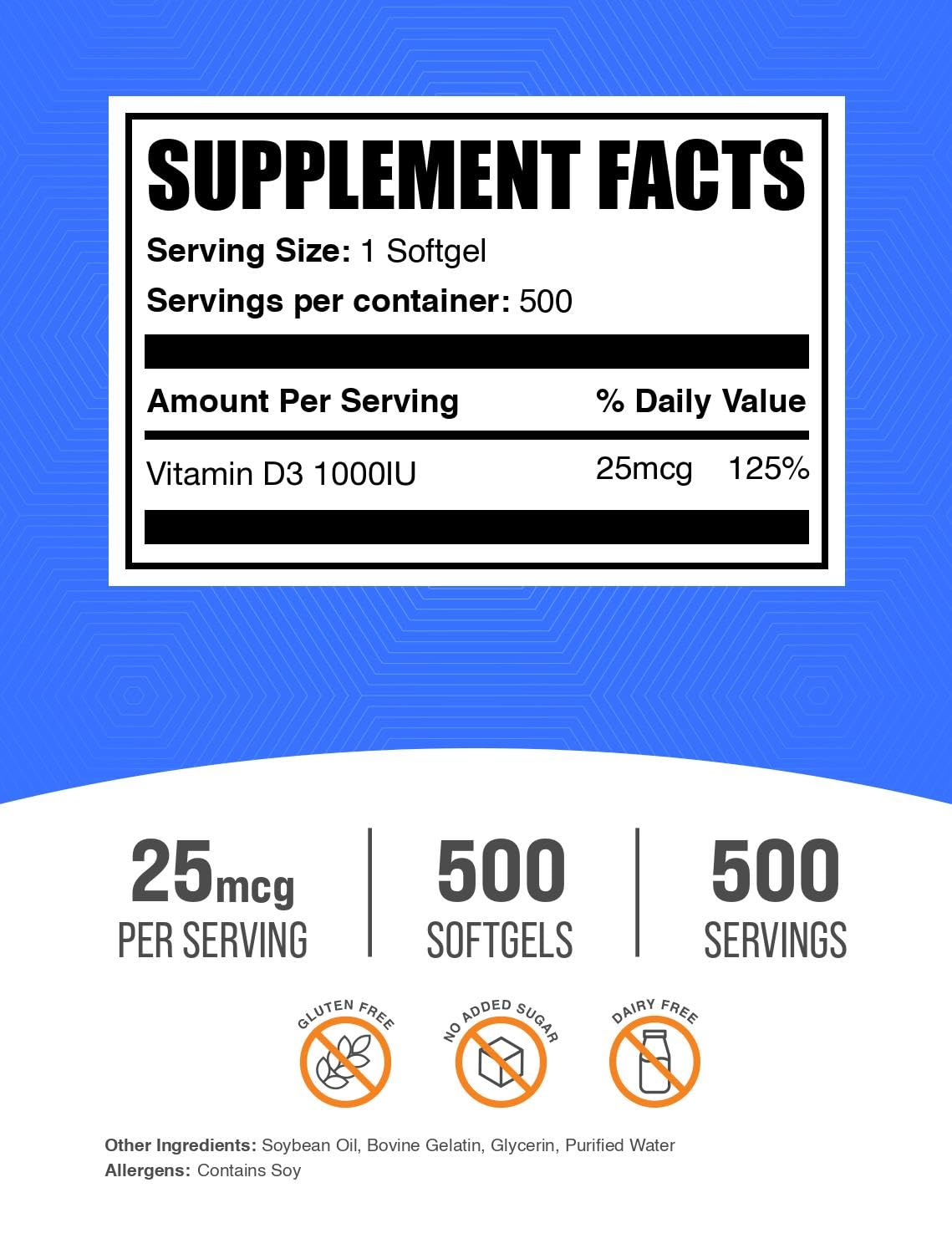 BulkSupplements Vitamine D3 1000 IU gélules arrière de l'emballage