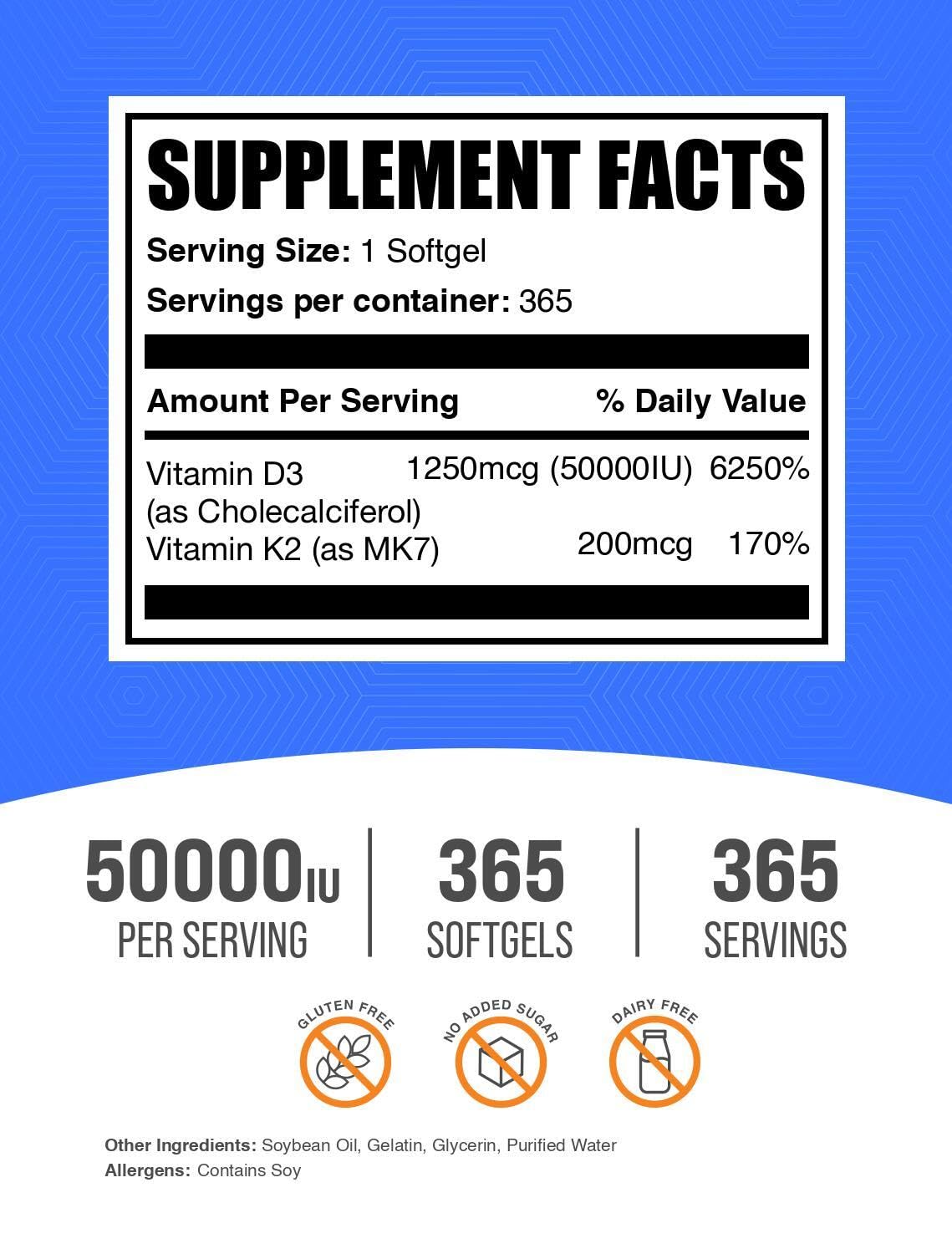 BulkSupplements Vitamine D3 50 000 IU + K2 200 mcg Softgels emballage