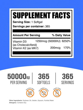 BulkSupplements Vitamine D3 50 000 IU + K2 200 mcg Softgels emballage