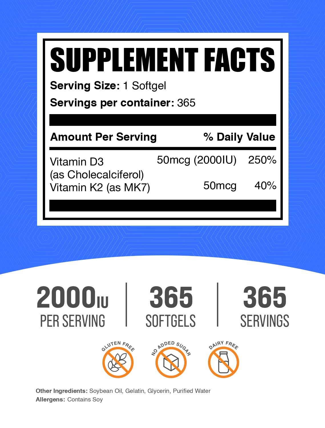 BulkSupplements Vitamine D3 + K2 Softgels boîte ouverte