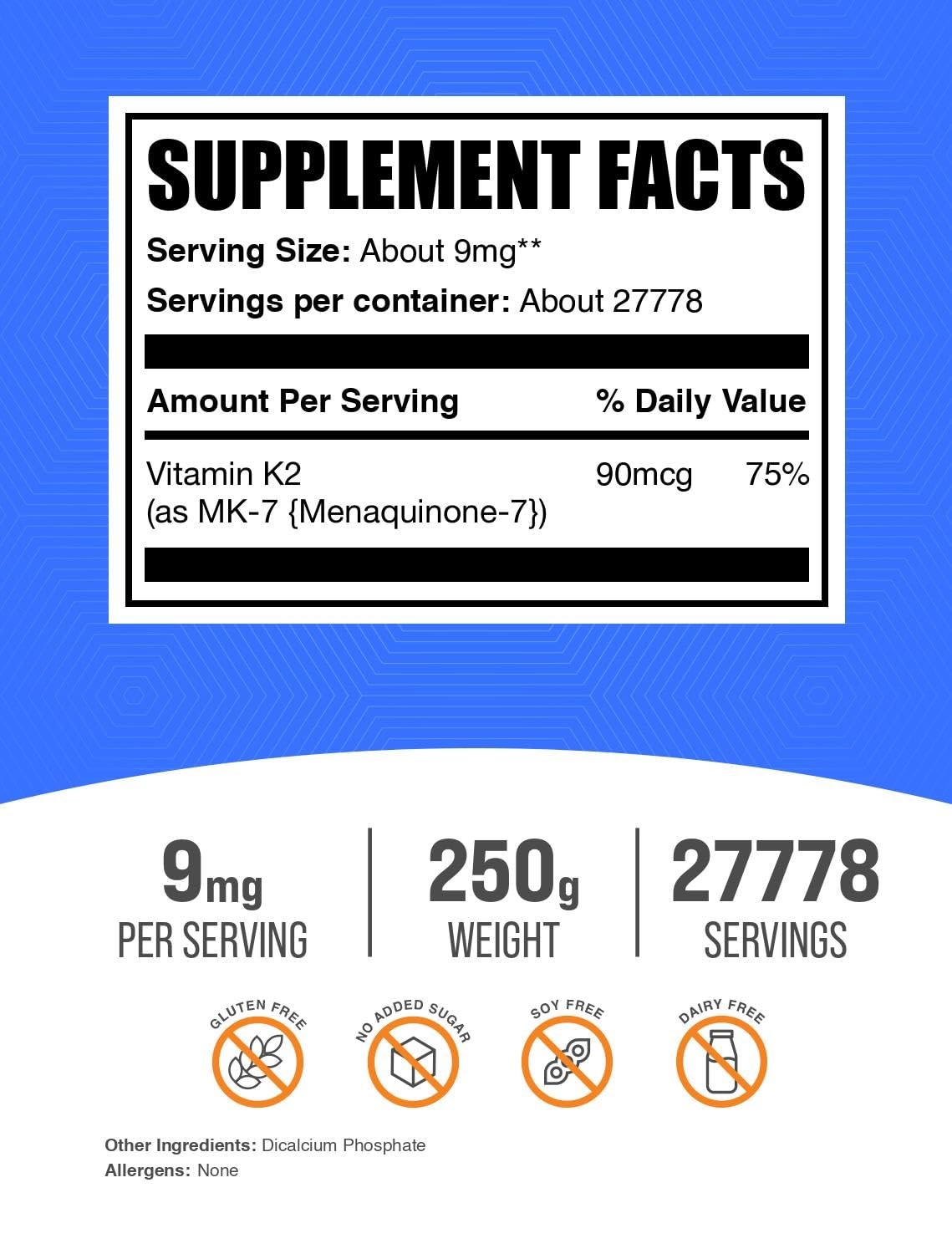 BulkSupplements Vitamine K2 MK7 Poudre 250g, vue de côté