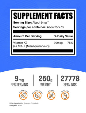 BulkSupplements Vitamine K2 MK7 Poudre 250g, vue de côté