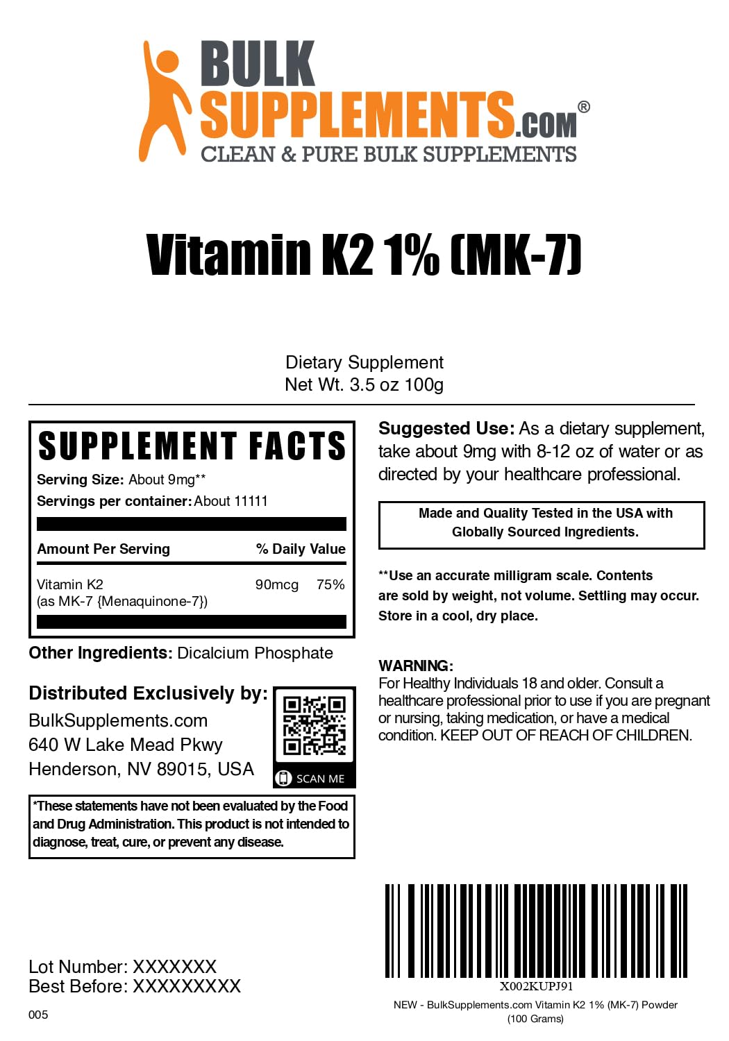 BulkSupplements Vitamine K2 MK7 Poudre dans un bol avec des fruits