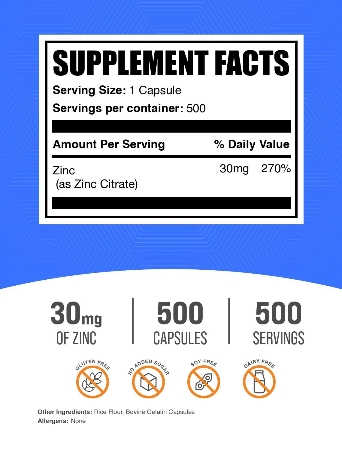 BulkSupplements Zinc Citrate Capsules 30mg 500 count back view