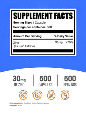 BulkSupplements Zinc Citrate Capsules 30mg 500 count back view