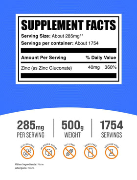 BulkSupplements Zinc Gluconate Poudre 500g étiquette