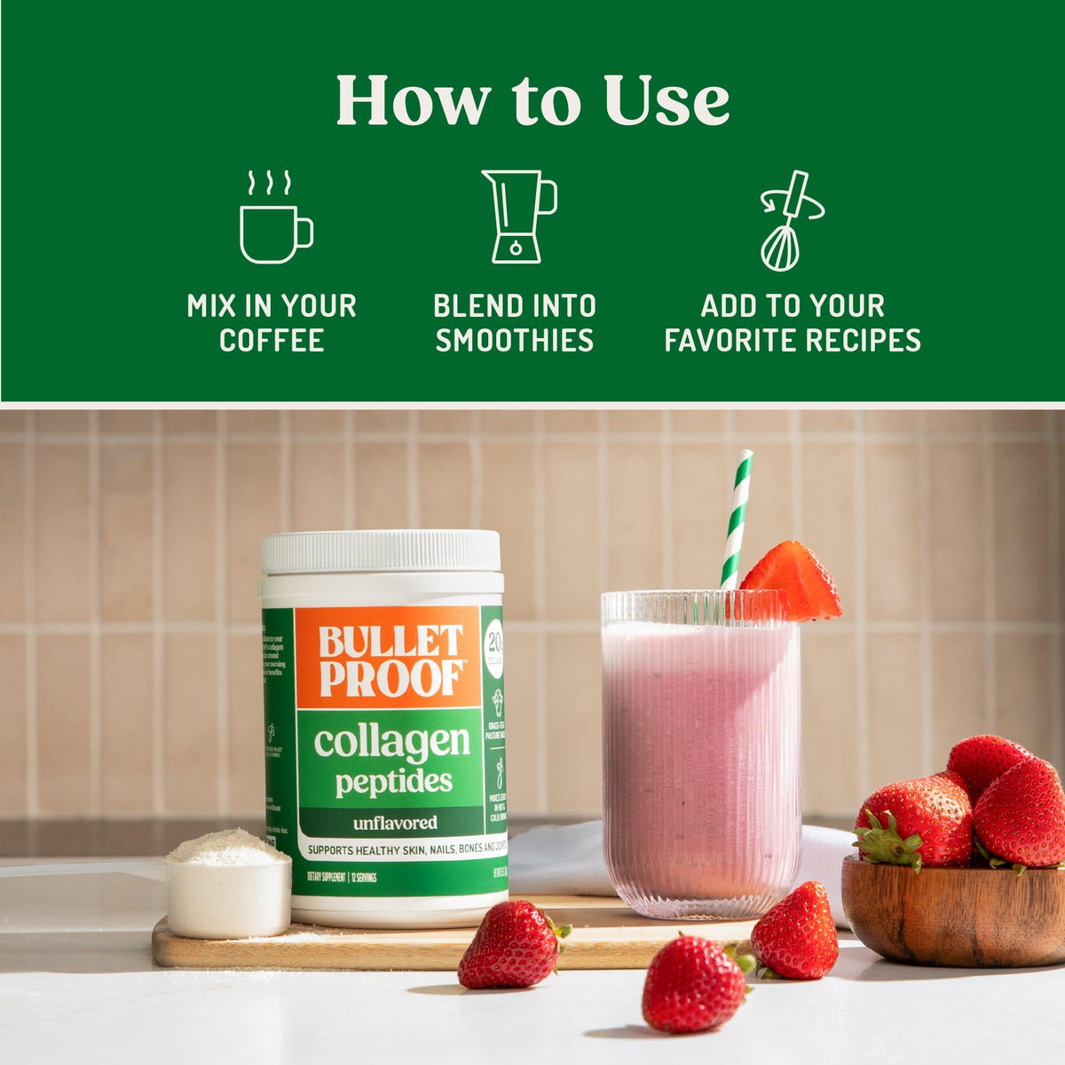 Bulletproof Poudre de Collagène Peptides Incolore ajoutée à un smoothie
