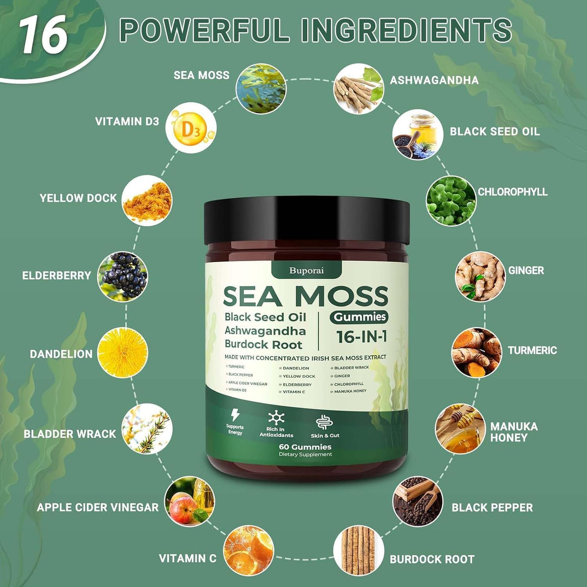Buporai Gummies de Mousse de Mer 6000mg ingrédients sur l'étiquette