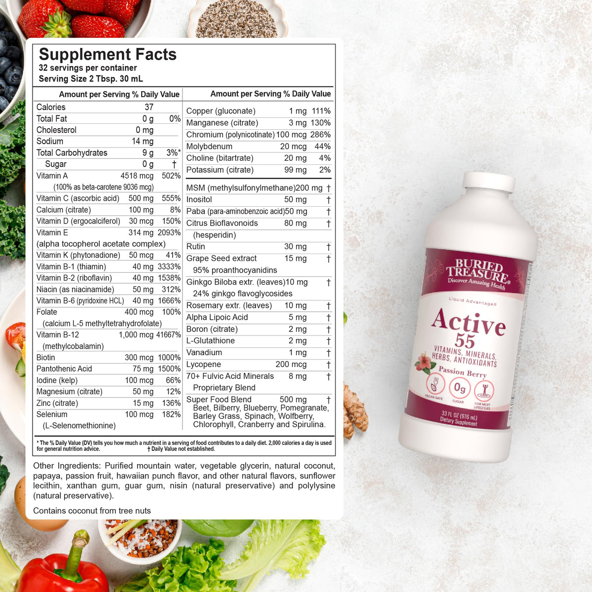 Buried Treasure Active 55 Plus multivitamine liquide étiquette détaillant les ingrédients