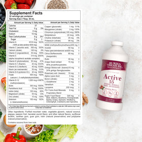Buried Treasure Active 55 Plus multivitamine liquide étiquette détaillant les ingrédients
