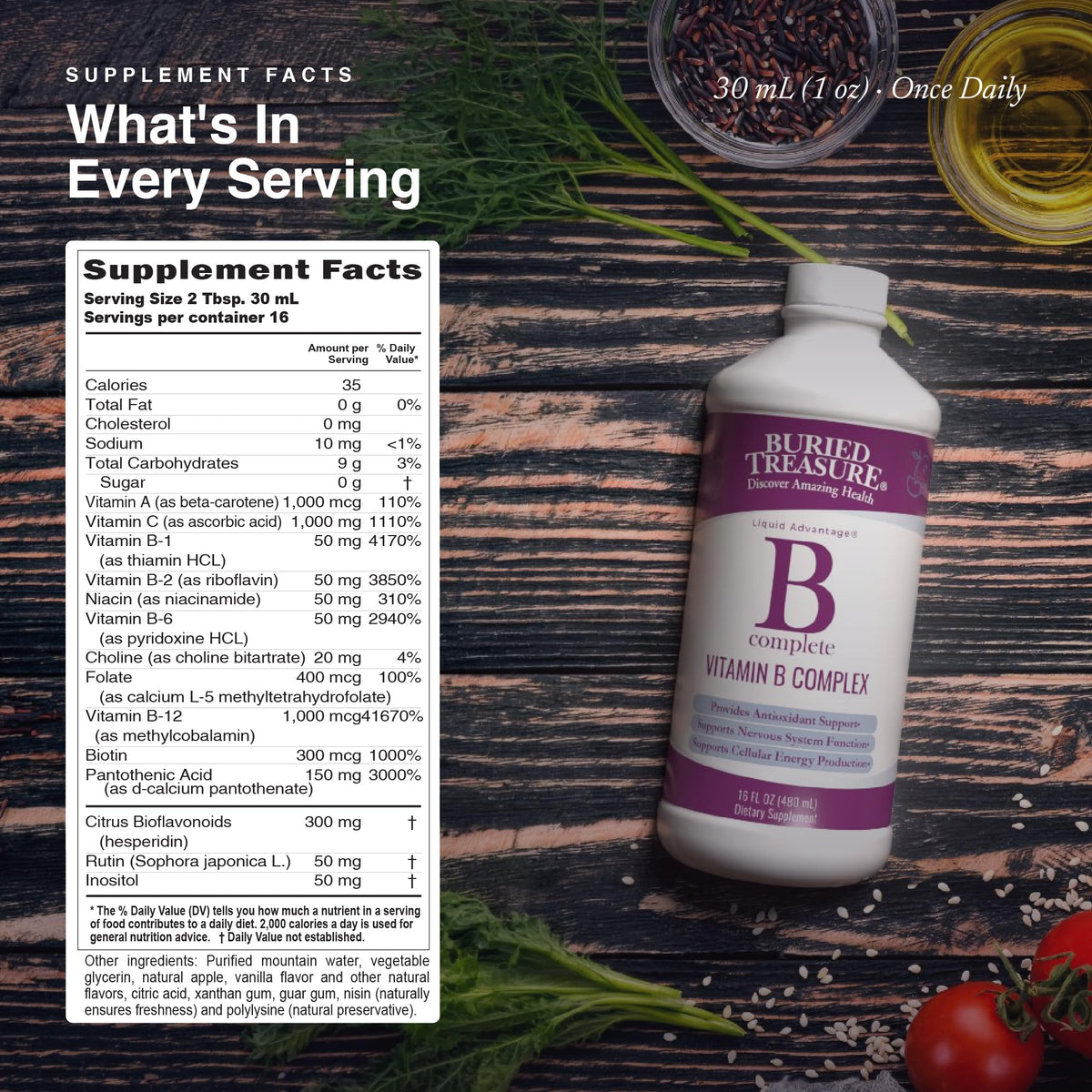 Buried Treasure B Complete étiquette montrant les vitamines B