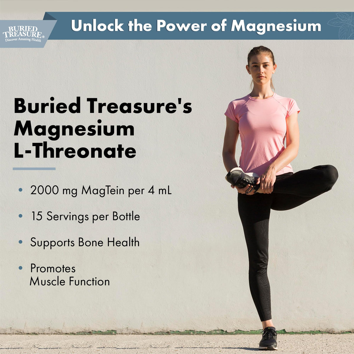Buried Treasure Magnesium L-Threonate flacon sur une surface en bois