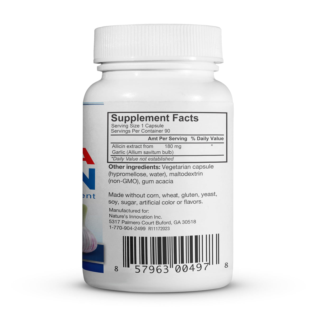BuyNaturally Ail Allicine 90 capsules à côté d'un verre d'eau