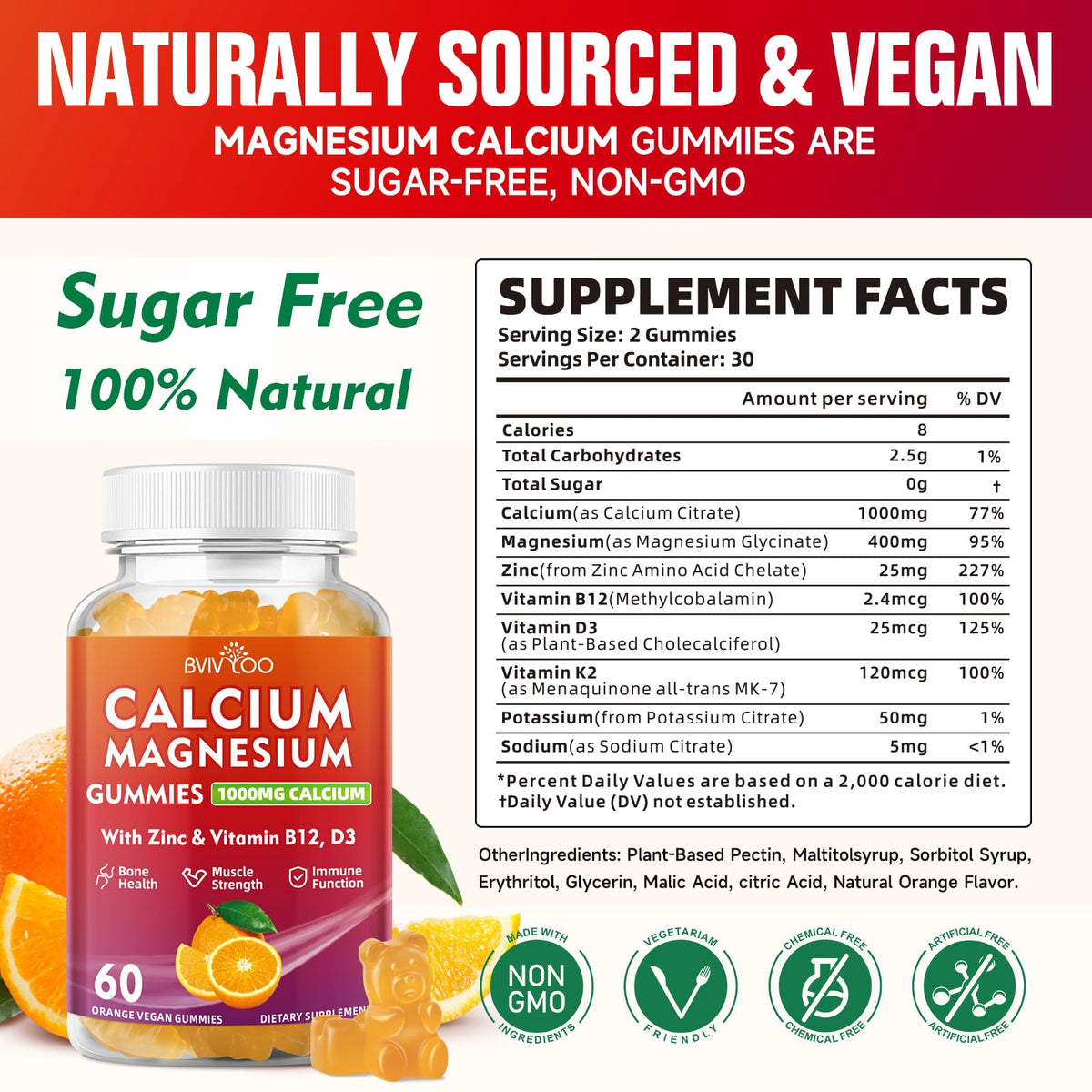 BVIVLOO Gummies Calcium 1000mg orange saveur arrière