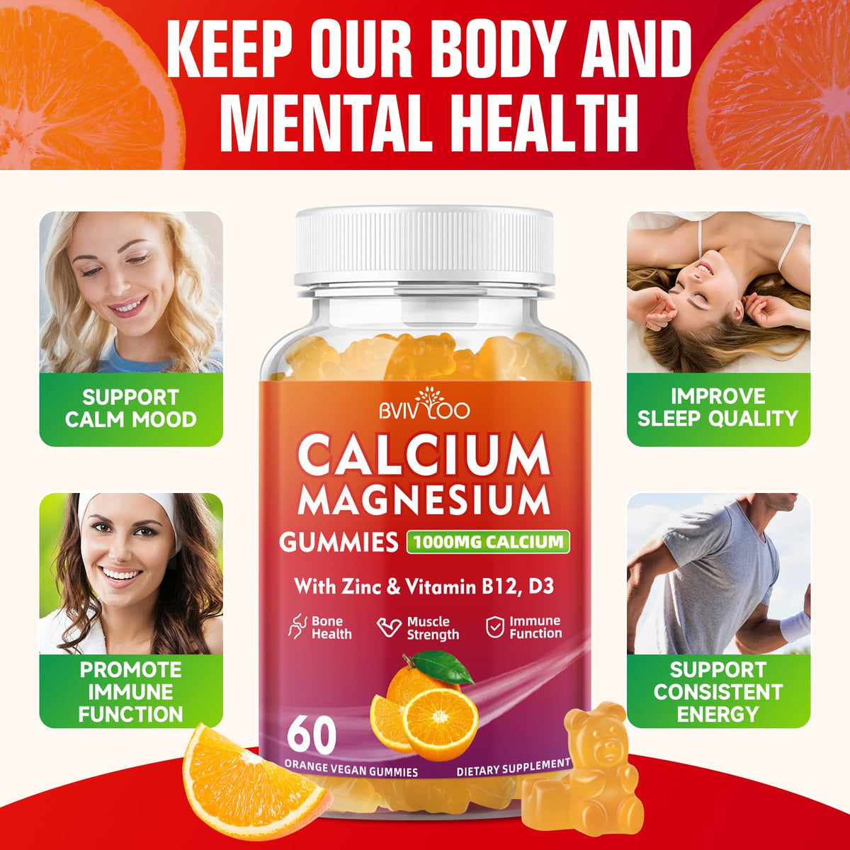 BVIVLOO Gummies Calcium 1000mg orange saveur dans un pot