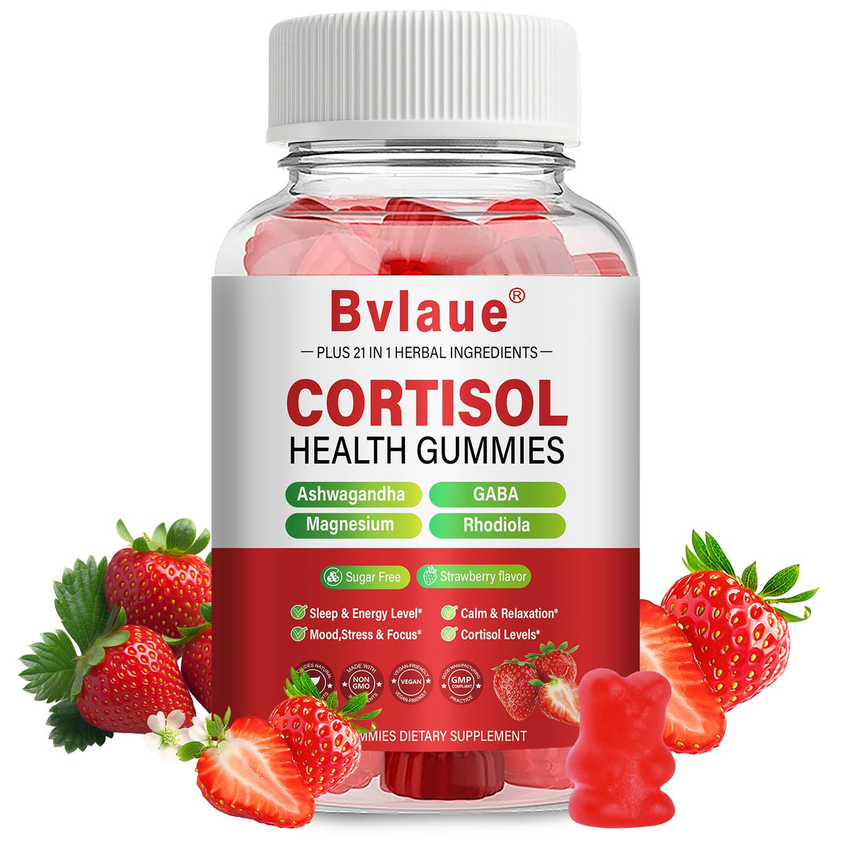 Bvlaue Cortisol Gummies 90 gummies saveur fraise vue de face