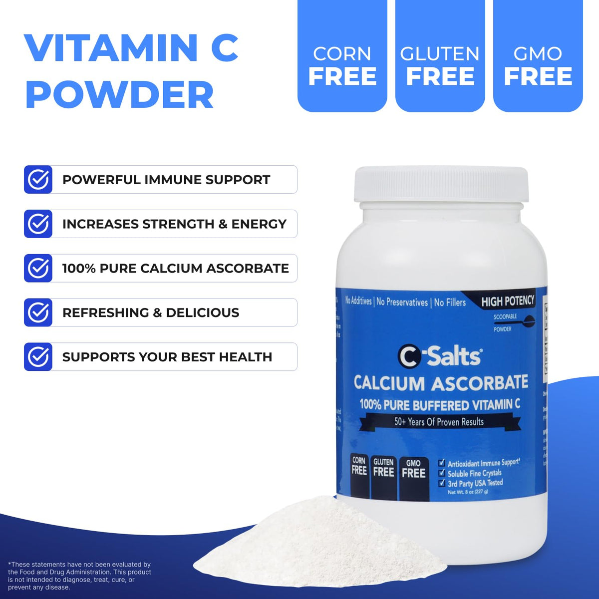 C-Salts Poudre de Calcium Ascorbate 8 oz avec ingrédients