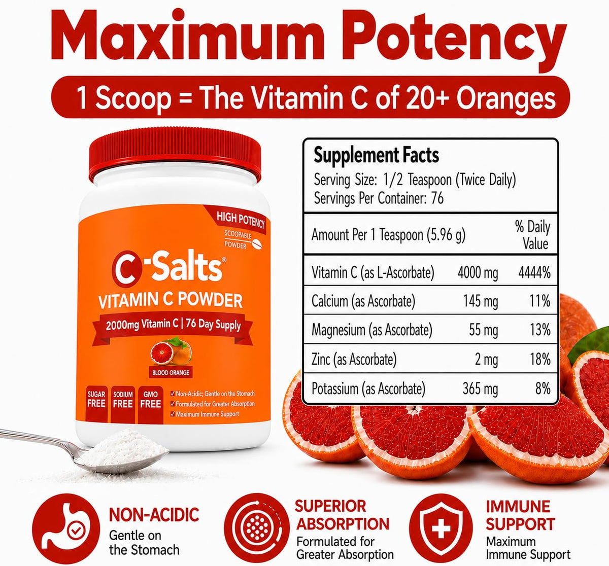 C-Salts Poudre de Vitamine C - Étiquette avec informations nutritionnelles